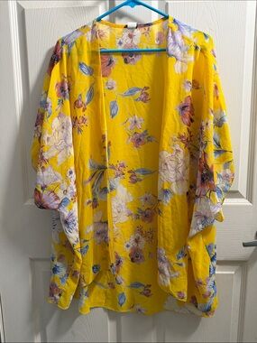 Yellow Floral Open-Front Kimono Shrug